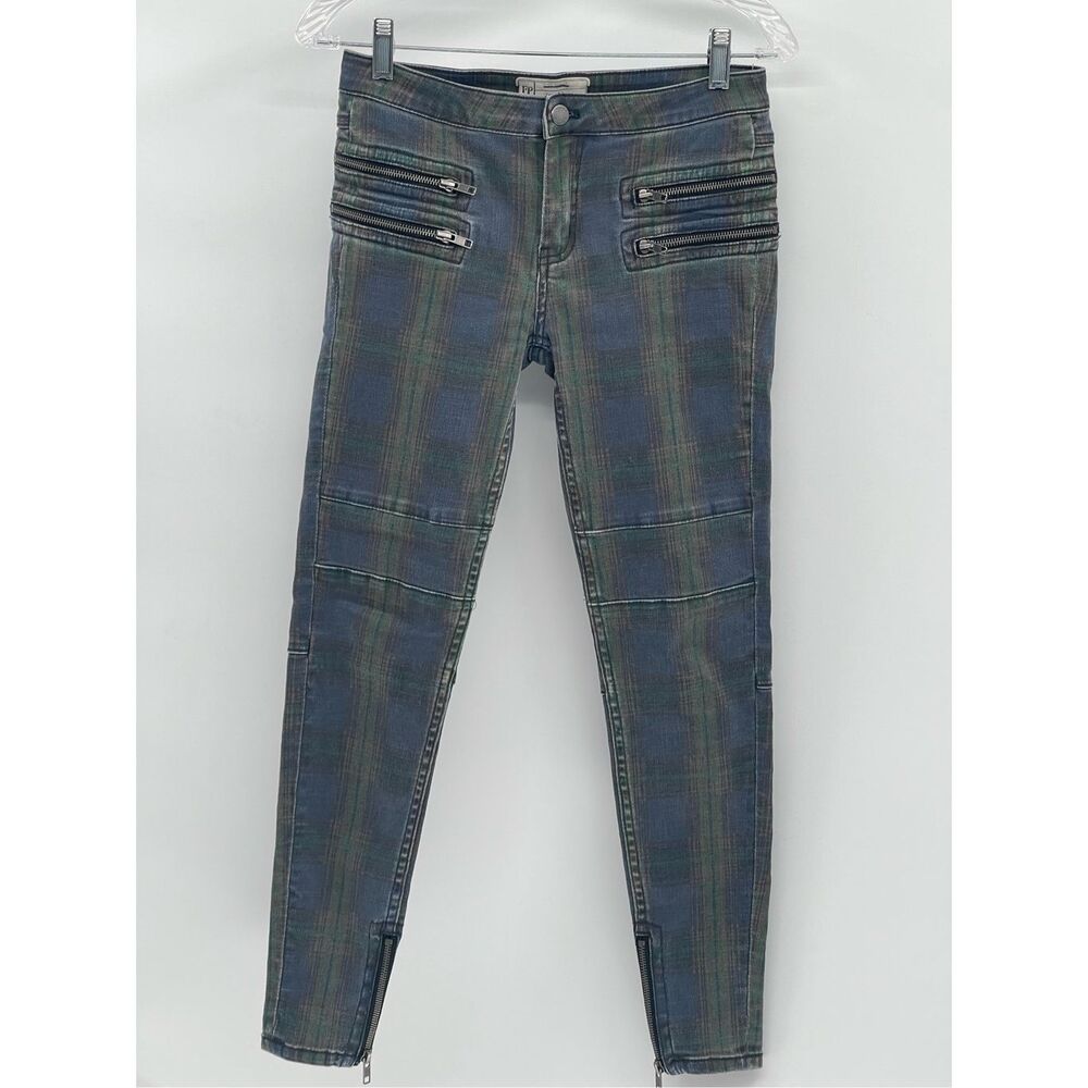 Free People John Lennon Plaid Skinny Jeans - Blue and Green, 25